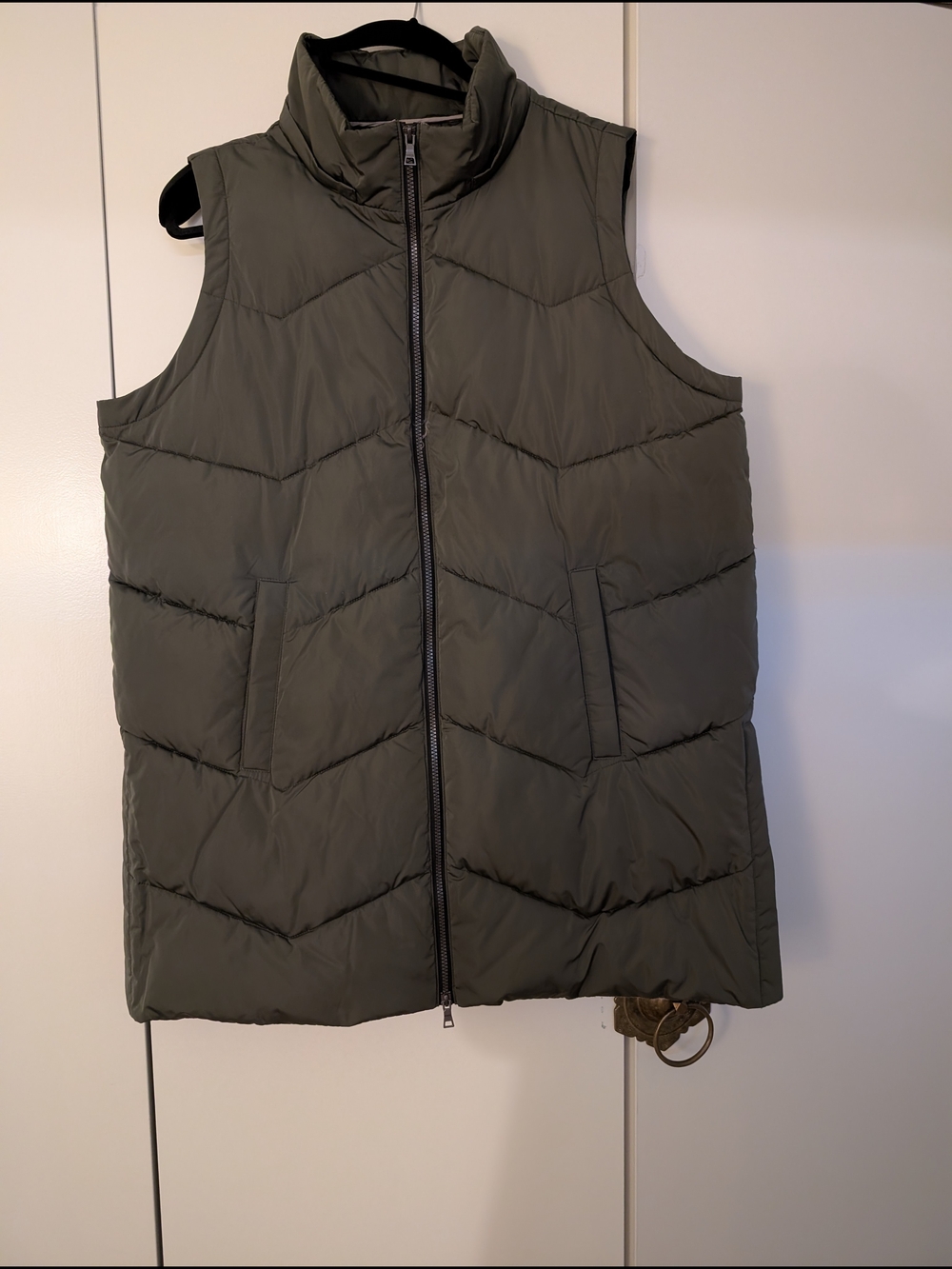 Women's Olive Green Puffer Car Coat Length - Sleeveless Zip Front